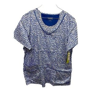 Nwt Landau Scrub Top XL Blue White Printed Scoop Neck Short Sleeve Medial Nurse